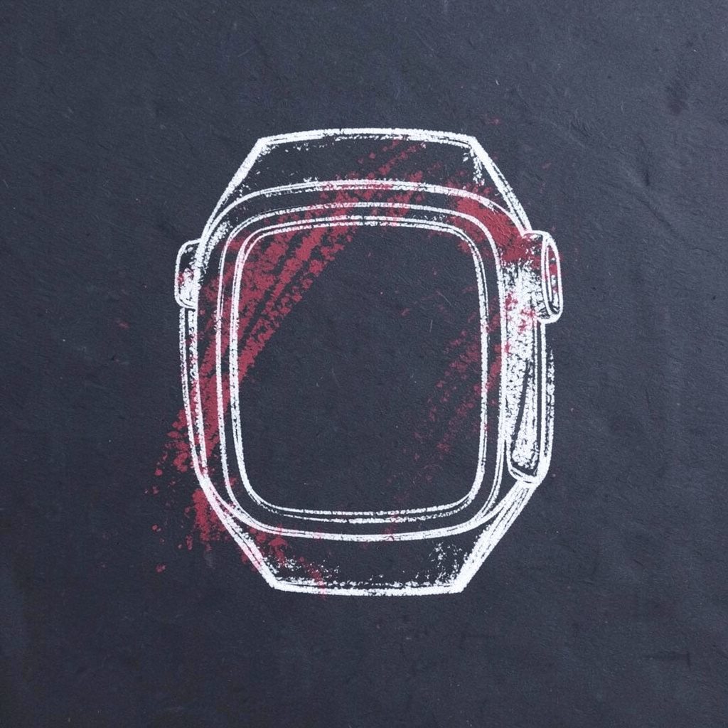 Soft navy chalk drawing on a dark slate board showing a wearable health tracker outline in muted gold and grey tones.
